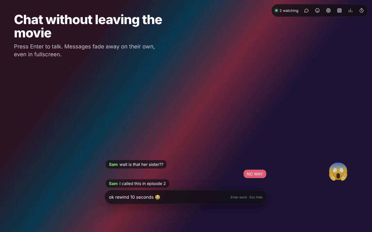 CoWatch chat floating over a video, with a reaction and a dock of party tools